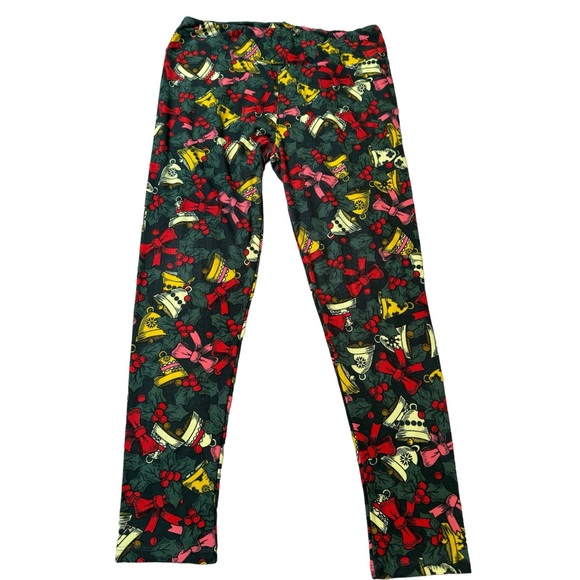 LuLaRoe TC Tall & Curvy Leggings Retro CHRISTMAS Ornament Gold Bells/Holly/Bows - Picture 3 of 5